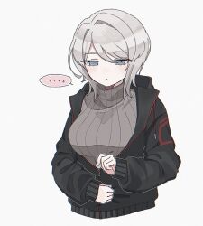 ... 1girl 68oljg black_jacket blue_eyes breasts closed_mouth faust_(project_moon) grey_sweater highres jacket large_breasts limbus_company long_sleeves project_moon short_hair simple_background solo sweater upper_body white_background white_hair zipper_pull_tab