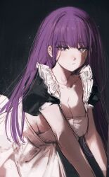 1girl :t alternate_costume apron black_background black_dress blunt_bangs breasts cleavage collarbone dress fern_(sousou_no_frieren) highres large_breasts long_hair looking_at_viewer maid maid_apron moku_(muooku) partially_shaded_face purple_eyes purple_hair purple_pupils shadow short_sleeves sideboob sidelocks solo sousou_no_frieren white_apron