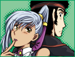 1boy 1girl black_eyes black_hair code_geass couple dark_skin headband long_hair looking_back lowres ohgi_kaname ponytail short_hair silver_hair uzura_(suzukane) villetta_nu yellow_eyes
