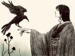 1girl bird black_hair black_outline braid braided_hair_rings crow dead_plants hair_rings highres japanese_clothes kimono long_hair long_sleeves looking_at_animal original outline sash solo tp_p_pt wide_sleeves