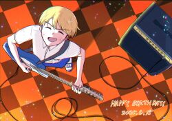 Rule 34 | 1boy, :d, ^ ^, amplifier, blonde hair, blue pants, blue sandals, breast pocket, cable, checkered floor, closed eyes, collared shirt, commentary request, dated, dress shirt, electric guitar, from above, futsuu no keion-bu, guitar, guitar strap, happy birthday, highres, holding, holding plectrum, instrument, male focus, music, nabeshima nabeo, name tag, neck ribbon, open mouth, pants, playing guitar, playing instrument, plectrum, pocket, red ribbon, ribbon, sandals, school uniform, shirt, short hair, short sleeves, slides, smile, socks, solo, standing, summer uniform, takami kouki, v-shaped eyebrows, white shirt, white socks, wing collar