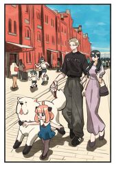 alternate_costume anya_(spy_x_family) bag black_hair black_pants black_shirt blonde_hair blue_dress bond_(spy_x_family) child dog dress family handbag highres pants pink_hair pointing purple_dress shirt spy_x_family takeuchi_ryousuke tongue tongue_out twilight_(spy_x_family) yor_briar