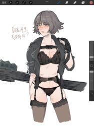 1girl art_program_in_frame ban_0607 black_bra black_gloves black_hair black_jacket black_panties black_thighhighs blush bra devil_may_cry_(series) devil_may_cry_5 fingerless_gloves garter_belt garter_straps gloves green_eyes heterochromia highres jacket kalina_ann_(weapon) lady_(devil_may_cry) panties red_eyes rocket_launcher scar scar_on_leg simple_background thighhighs underwear unfinished weapon white_background