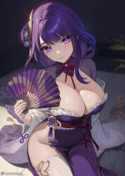 Rule 34 | 1girl, artist name, breasts, cleavage, folding fan, genshin impact, hand fan, head tilt, helloimtea, highres, holding, holding fan, large breasts, long hair, looking at viewer, no panties, purple eyes, purple hair, raiden shogun, sitting, solo