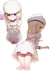 1girl absurdres alice_in_cradle blonde_hair blue_eyes breasts chinese_commentary cleavage dress gloves hat highres holding multiple_views noelle_(alice_in_cradle) open_mouth short_dress short_hair simple_background small_breasts white_background white_dress white_gloves white_hat xiamu_xunxi