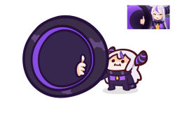 1girl :i black_horns chibi coat collar commentary foreshortening full_body highres hololive horns keenbiscuit la+_darknesss la+_darknesss_(1st_costume) long_hair long_sleeves metal_collar multicolored_hair outstretched_arm purple_coat purple_hair reference_inset simple_background smile solo streaked_hair striped_horns symbol-only_commentary thumbs_up virtual_youtuber white_background wide_sleeves