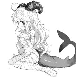 Rule 34 | 1girl, abysmal, ahoge, bandages, barefoot, blush, breasts, cuffs, curled horns, fins, fish tail, from side, greyscale, hands on own chest, highres, horns, long hair, looking to the side, maroma (abysmal), medium breasts, monochrome, naked bandage, profile, reitoubeef, shackles, shark tail, shy, simple background, sitting, solo, stitched arm, stitches, tail, tearing up, wariza, wavy hair