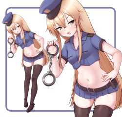 1girl absurdres belt black_thighhighs blonde_hair blue_shirt blue_skirt breasts brown_hair crop_top cuffs full_body hair_between_eyes handcuffs hat highres long_hair looking_at_viewer midriff miniskirt multiple_views navel open_mouth police police_uniform shirt short_sleeves sidelocks simple_background skirt small_breasts standing stomach thighhighs tiemu_(man190) very_long_hair white_background zettai_ryouiki
