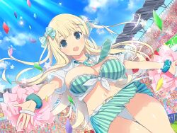 1girl american_school_uniform amesuku_gyaru aqua_bra audience belt blonde_hair blue_eyes blunt_bangs blush bra bracelet breasts cheerleader cleavage collarbone confetti crowd day fur_bracelet gluteal_fold green_bra groin gyaru hair_ornament hair_ribbon highres jewelry kogal lace lace-trimmed_bra lace_trim large_breasts light_rays long_hair looking_at_viewer miniskirt navel necktie official_alternate_hairstyle official_art open_clothes open_mouth open_shirt outdoors outstretched_arms panties pantyshot people pleated_skirt pom_pom_(cheerleading) ribbon scrunchie senran_kagura senran_kagura_shoujo-tachi_no_shin&#039;ei shirt skirt smile solo spread_arms stadium star_(symbol) strapless strapless_bra striped_bra striped_clothes striped_skirt sunbeam sunlight third-party_source tied_shirt twintails underwear vertical-striped_bra vertical-striped_clothes vertical-striped_skirt white_panties white_shirt wrist_scrunchie yaegashi_nan yomi_(senran_kagura)