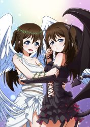 1girl alternate_hairstyle aqua_eyes aqua_flower artist_name artist_request bare_legs bare_shoulders black_dress black_nail_polish black_nails black_skirt black_wings blue_eyes blush bow breasts brown_hair collarbone demon_tail demon_wings dress dual_persona elbow_gloves female_focus fingerless_gloves flower flower_dress frilled_dress frilled_skirt frills fur-trimmed_dress fur_trim gloves hair_between_eyes hand_on_arm highres lace lace-trimmed_dress lace_trim long_hair looking_at_viewer love_live! love_live!_nijigasaki_high_school_idol_club medium_breasts miniskirt nail_(hardware) nail_polish osaka_shizuku parted_lips plaid_clothes plaid_dress plaid_skirt pleated pleated_dress pleated_skirt ponytail satolive20 skirt smile solo tail twintails white_bow white_dress white_nail_polish white_nails white_skirt white_wings wings