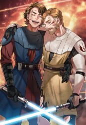 2boys anakin_skywalker arm_on_another&#039;s_shoulder beard blood blood_on_face blue_eyes brown_hair commission crossed_swords energy_sword facial_hair highres holding holding_weapon laughing lightsaber looking_at_viewer male_focus multiple_boys obi-wan_kenobi open_mouth pensan short_hair star_wars star_wars:_revenge_of_the_sith sword tunic weapon