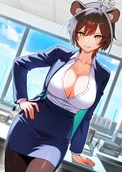 1girl absurdres ahoge animal_ears arm_support blazer blue_jacket blue_skirt breasts brown_hair brown_pantyhose cleavage closed_mouth collarbone collared_shirt commentary_request commission cowboy_shot dress_shirt dutch_angle hand_on_own_hip heart heart_ahoge highres indoors jacket korean_commentary large_breasts looking_at_viewer medium_hair mr_tangsuyuk office office_lady open_clothes open_jacket original pantyhose pencil_skirt shirt shirt_tucked_in skirt smile solo white_shirt yellow_eyes