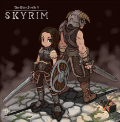 1boy 1girl arm_guards armor back-to-back black_eyes boots brown_footwear brown_hair closed_mouth copyright_name dovahkiin fake_horns full_body helmet holding holding_shield holding_sword holding_weapon horned_helmet horns lantern looking_at_viewer lydia_(skyrim) muscular muscular_male nancou_(nankou) pauldrons shadow shield shin_guards short_hair shoulder_armor single_pauldron standing sword the_elder_scrolls the_elder_scrolls_v:_skyrim weapon