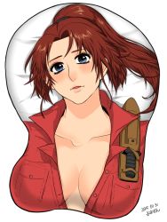 Rule 34 | 1girl, bed sheet, blue eyes, blush, breast mousepad, breasts, brown hair, claire redfield, cleavage, collarbone, female focus, huge breasts, long hair, mousepad (medium), parted lips, pocket, ponytail, resident evil, resident evil 2, simple background, smile, solo, upper body, white background, yoyogin