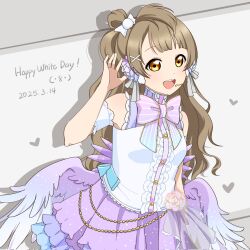 Rule 34 | 1girl, bare shoulders, blunt bangs, bow, brown hair, center frills, commentary, corrupted twitter file, costume request, cowboy shot, dated, frilled shirt, frills, gorilla-chan (axpdxsyc0222), grey ribbon, hair bow, hair ornament, hair ribbon, hair rings, happy white day, headset, heart, highres, long hair, love live!, love live! school idol project, low wings, minami kotori, official alternate costume, purple skirt, purple wings, ribbon, shirt, single hair ring, skirt, sleeveless, sleeveless shirt, solo, standing, symbol-only commentary, white bow, white shirt, wings, x hair ornament, yellow eyes