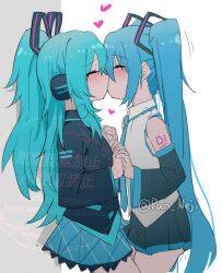 2girls aqua_hair aqua_necktie aqua_skirt aqua_trim black_skirt closed_eyes commentary dual_persona flat_chest hatsune_miku hatsune_miku_(if) headphones heart holding_hands kiss long_hair multiple_girls necktie nejikyuu number_tattoo ponytail ribbon selfcest shirt simple_background skirt striped_ribbon tattoo twintails twitter_username vocaloid watermark white_background white_shirt yuri
