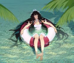 1girl afloat barefoot black_hair breasts buoy closed_eyes columbina_(genshin_impact) feather_hair_ornament feathers genshin_impact hair_ornament highres light_smile long_hair multicolored_hair purple_hair small_breasts swimsuit very_long_hair water yumicowyvern