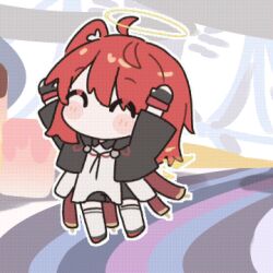 Rule 34 | 1girl, ^ ^, animated, animated gif, arknights, arms up, blush, chibi, chibi only, closed eyes, detached wings, energy wings, exusiai (arknights), exusiai the new covenant (arknights), halo, happy, jumping, long hair, lowres, red hair, solo, traditional halo, wings, xiguadudepaozhi