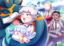 1girl 2boys ahoge bede_(pokemon) black_choker black_hair blonde_hair blouse blush business_suit buttons chair choker closed_eyes coat collared_shirt commentary_request copperajah creatures_(company) curly_hair day dynaxin earrings facial_hair formal_clothes game_freak gen_8_pokemon green_eyes grey_pants grey_vest hatenna holding holding_pokemon hoop_earrings jewelry long_hair multiple_boys necktie nintendo oleana_(pokemon) open_mouth outdoors pants pokemon pokemon_(creature) pokemon_swsh purple_eyes red_lips red_neckwear red_shirt rose_(pokemon) shirt sitting smile suit tongue vest watch white_coat white_shirt wristwatch