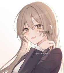 Rule 34 | 1girl, black shirt, blonde hair, blush, brown eyes, buttons, commentary request, commission, hair between eyes, hair intakes, hand on own shoulder, hand up, highres, kumo tabetai, long hair, looking at viewer, open mouth, original, shirt, simple background, smile, solo, twitter username, upper body, watermark, white background, white shirt