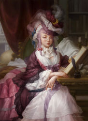 1girl absurdres alternate_costume bed blue_bow bonnet book bow closed_mouth commentary_request crescent dress feathers female_focus glasses hair_bow hat highres indoors inkwell lips looking_at_viewer nose patchouli_knowledge pince-nez purple_dress purple_eyes purple_hair realistic red_bow sitting solo touhou windyakuma