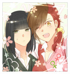 2girls black_hair border brown_hair collared_shirt contemporary frown genderswap genderswap_(mtf) green_eyes green_sweater light_blush looking_at_viewer lowres multiple_girls one_eye_closed portrait red_hair sengoku_basara shibata_katsuie_(sengoku_basara) shima_sakon_(sengoku_basara) shirt sweatdrop sweater sweater_vest teeth toruglose two-tone_sweater upper_teeth_only venus_symbol white_border white_shirt yellow_eyes