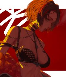 1girl blood blood_on_breasts breast_tattoo breasts chain cigarette collarbone cross cross_earrings crow_(nikke) ear_piercing earrings eyebrow_piercing face_piercing goddess_of_victory:_nikke highres jewelry medium_breasts midriff mouth_hold multiple_piercings necklace nosebleed off-shoulder_jacket off_shoulder piercing red_streaks red_theme short_hair shoulder_tattoo skull_tattoo smoke smoking solo soondi strap_slip studded_bikini tattoo upper_body