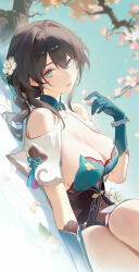 1girl absurdres aqua_collar aqua_dress aqua_eyes aqua_gloves black_hair breasts capelet cleavage closed_mouth clothing_cutout dress dutch_angle falling_petals gloves green_background highres holding holding_petal honkai:_star_rail honkai_(series) jewelry jing_dian_da_mo_dao large_breasts long_hair looking_at_viewer lying necklace on_back pearl_necklace petals ruan_mei_(honkai:_star_rail) shoulder_cutout solo strapless strapless_dress tree white_capelet