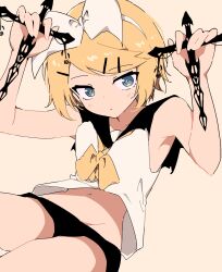 Rule 34 | 1girl, black shorts, blonde hair, blue eyes, bow, cross, crucifix, giryu, highres, holding, kagamine rin, looking at viewer, neckerchief, sailor collar, shirt, short hair, shorts, vocaloid, white bow, white shirt, yellow neckerchief