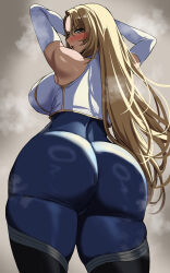 1girl aqua_eyes arms_up ass bare_shoulders black_boots blonde_hair blue_bodysuit blush bodysuit boots breasts brown_dust_(series) brown_dust_2 commentary english_commentary from_behind hella_p highres huge_ass large_breasts looking_at_viewer looking_back simple_background solo thigh_boots thighs wilhelmina_(brown_dust)