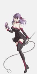 2girls bare_shoulders black_dress black_footwear black_thighhighs boots breasts chain chibi cleavage collar cosplay detached_sleeves dress fate/stay_night fate_(series) full_body hair_ribbon highres kernel_killer long_hair matou_sakura medusa_(fate) medusa_(rider)_(fate) medusa_(rider)_(fate)_(cosplay) multiple_girls nameless_dagger_(fate) purple_eyes purple_hair red_ribbon ribbon short_dress thigh_boots thighhighs thighs weapon