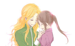 Rule 34 | 1boy, 1girl, aegnor, andreth, blonde hair, braid, brown hair, closed eyes, closed mouth, collar, elf, eyebrows hidden by hair, eyelashes, face-to-face, floating hair, hand on another&#039;s chin, hetero, jelly rosepi, long hair, parted bangs, parted lips, pointy ears, ponytail, sidelocks, simple background, the silmarillion, tolkien&#039;s legendarium, upper body, white background