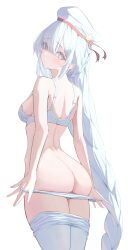 1girl absurdres ass azur_lane banpen bra braid breasts commentary_request eyes_visible_through_hair from_behind hair_over_one_eye hat highres janus_(azur_lane) janus_(fear_of_changing...clothes)_(azur_lane) long_hair looking_at_viewer median_furrow medium_breasts official_alternate_costume panties panty_pull pantyhose pantyhose_around_legs pulling_own_clothes simple_background solo thighs underbutt underwear very_long_hair white_background white_bra white_eyes white_hair white_hat white_panties white_pantyhose