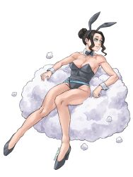 1girl black_bow black_bowtie black_clover black_hair black_leotard blue_eyes bow bowtie breasts charmy_pappitson cotton_ball hair_bun high_heels highres honexstage leotard medium_breasts oversized_object playboy_bunny simple_background sitting solo white_background wrist_cuffs