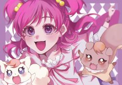 1girl animal argyle_background blurry border bug butterfly coco_(yes!_precure_5) cowboy_shot depth_of_field eyelashes floating_clothes floating_hair fox frilled_shirt frilled_skirt frills hair_bobbles hair_ornament happy highres insect layered_shirt layered_sleeves light_blush long_hair long_sleeves looking_ahead mer_(zo_no_00) miniskirt neck_ribbon nuts_(yes!_precure_5) open_mouth outside_border pink_butterfly pink_hair pink_ribbon pink_shirt pleated_skirt precure purple_background purple_border purple_eyes purple_skirt ribbon running shirt short_over_long_sleeves short_sleeves skirt smile squirrel swept_bangs tareme two-tone_background two_side_up watch white_background white_shirt wristwatch yes!_precure_5 yumehara_nozomi