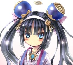 black_hair blue_eyes blush bow bowtie emil_chronicle_online hair_bow hair_ornament hairband halo japanese_clothes long_hair maou_mikage mitama_ruri pink_bow pink_bowtie upper_body white_background white_hairband
