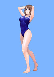 1girl absurdres armpits arms_behind_head arms_up barefoot blue_background blue_eyes blue_one-piece_swimsuit blush breasts brown_hair cirenk commission competition_swimsuit covered_navel feet highres large_breasts legs love_live! love_live!_(series) love_live!_sunshine!! medium_hair one-piece_swimsuit open_mouth simple_background swimsuit thighs toned watanabe_you wet