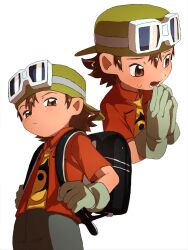 1boy backpack bag brown_eyes brown_hair cowboy_shot digimon digimon_frontier goggles goggles_on_head green_hat hat highres jacket kanbara_takuya multiple_views open_clothes open_jacket red_jacket shirt short_hair simple_background takeda_conomi upper_body white_background yellow_shirt