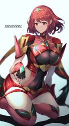 1girl baketsu black_gloves bob_cut breasts chest_jewel copyright_name covered_navel earrings fingerless_gloves gloves highres impossible_clothes jewelry large_breasts looking_at_viewer pyra_(xenoblade) red_eyes red_hair red_shorts shorts simple_background solo swept_bangs tiara white_background xenoblade_chronicles_(series) xenoblade_chronicles_2