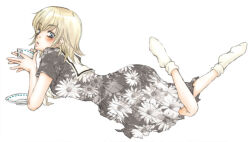 1girl blonde_hair blue_eyes cup full_body holding holding_cup kaneko_botan looking_at_viewer looking_back lying maria-sama_ga_miteru medium_hair on_stomach sailor_collar satou_sei school_uniform solo teacup the_pose white_background