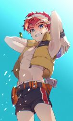 1boy arms_behind_back child commentary_request from_below hat highres jacket jr. looking_at_viewer male_focus navel outdoors red_hair sayasaka shorts sun_hat teeth water water_drop whistle xenosaga