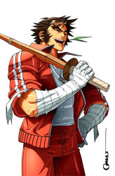 Rule 34 | 1boy, bandaged arm, bandages, brown eyes, facial hair, forked eyebrows, half-closed eyes, hand on own hip, highres, holding, holding weapon, jacket, justice gakuen, kendo, looking ahead, male focus, mouth hold, muscular, muscular male, mutton chops, nekketsu hayato, omar dogan, open clothes, open jacket, open mouth, pants, red jacket, red pants, shirt, shirt tucked in, signature, sleeves rolled up, smile, solo, spiked hair, stalk in mouth, taut clothes, taut shirt, thick eyebrows, track suit, weapon, whistle, white background, white shirt