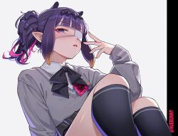 1girl absurdres black_ribbon black_skirt black_socks blunt_bangs collared_shirt colored_inner_hair commentary eyepatch fang gradient_hair grey_sweater hand_up highres hololive hololive_english kneehighs knees_up looking_at_viewer medical_eyepatch miniskirt mole mole_under_eye multicolored_hair neck_ribbon ninomae_ina&#039;nis ninomae_ina&#039;nis_(school_uniform) nuebunny official_alternate_costume official_alternate_hairstyle open_mouth orange_hair pink_hair plaid_clothes plaid_skirt pleated_skirt pointy_ears purple_eyes purple_hair ribbon school_uniform shirt short_hair side_ponytail sidelocks simple_background sitting skirt socks solo sweater tentacle_hair v-neck virtual_youtuber white_background white_shirt