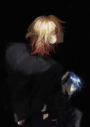 Rule 34 | 2boys, alternate costume, back, black background, black shirt, blue hair, braid, closed mouth, from above, gradient hair, half-closed eyes, hand in pocket, hand on another&#039;s head, highres, honkai: star rail, honkai (series), looking at viewer, m min tt, male focus, multicolored hair, multiple boys, mydei (honkai: star rail), orange hair, parted lips, phainon (honkai: star rail), shirt, simple background, single braid