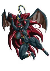 1girl absurdres armor bikini_armor breasts clenched_teeth dragon_ball feet fingernails glowing glowing_eyes headress highres large_breasts liu_xing_long long_fingernails long_hair long_toenails red_hair red_nails teeth toenails unku00f4shin wings