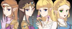 4girls armor blonde_hair blue_eyes blunt_bangs brown_hair closed_mouth collarbone dress earrings green_eyes harp holding_harp instrument jewelry leaftin looking_at_viewer multiple_girls nintendo open_mouth own_hands_together parted_lips pointy_ears princess_zelda shoulder_armor the_legend_of_zelda the_legend_of_zelda:_breath_of_the_wild the_legend_of_zelda:_ocarina_of_time the_legend_of_zelda:_skyward_sword the_legend_of_zelda:_twilight_princess tiara time_paradox triforce upper_body