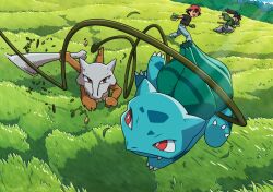 2boys ash_ketchum backwards_hat black_shirt bone bright_pupils brown_eyes bulbasaur claws closed_mouth commentary_request creatures_(company) day falling_leaves fang fang_out fingerless_gloves game_freak gen_1_pokemon gloves grass green_gloves green_kimono hat highres japanese_clothes kimono komepan leaf leg_up light_rays male_focus marowak multiple_boys nintendo otoshi_(pokemon) outdoors pants plant pointing pokemon pokemon_(anime) pokemon_(classic_anime) pokemon_(creature) ponytail red_eyes shirt short_sleeves standing t-shirt vines white_pupils