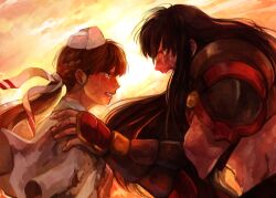 Rule 34 | 1boy, 1girl, akaneko (redakanekocat), armor, black hair, braid, brown hair, capelet, commentary request, crying, crying with eyes open, dirty, dirty face, eye contact, hair ribbon, half up braid, hand on another&#039;s shoulder, hat, long hair, looking at another, midriff, nurse cap, open mouth, pauldrons, pixiv fantasia, pixiv fantasia t, red eyes, ribbon, shoulder armor, tears, white capelet, white ribbon, yae yamabuki