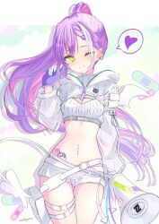 1girl belt blush breasts cleavage cleavage_cutout closed_mouth clothing_cutout demon_girl demon_tail demon_wings ear_piercing gloves grey_hair heart heart_tattoo highres hip_tattoo holding holding_megaphone hololive long_hair megaphone multicolored_hair navel navel_piercing nishiki_yuno official_alternate_costume official_alternate_hairstyle one_eye_closed piercing pink_hair ponytail purple_gloves purple_hair shorts shrug_(clothing) small_breasts smile solo spoken_heart streaked_hair tail tattoo tokoyami_towa tokoyami_towa_(cyberpunk) two-sided_gloves virtual_youtuber white_belt white_gloves white_shorts white_shrug winged_heart_tattoo wings
