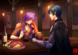 1boy 1girl armored_gloves black_cape black_gloves breasts cape cheese cleavage closed_mouth commentary commission cup english_commentary female_shez_(fire_emblem) fire_emblem fire_emblem:_three_houses fire_emblem_warriors:_three_hopes food fruit gloves grapes hair_bun hair_over_one_eye holding holding_cup indoors long_hair male_byleth_(fire_emblem) medibang_paint_(medium) nintendo orange_gloves purple_eyes purple_hair rezzyfa short_sleeves single_glove single_hair_bun single_side_bun sitting smile table tankard tray wooden_table